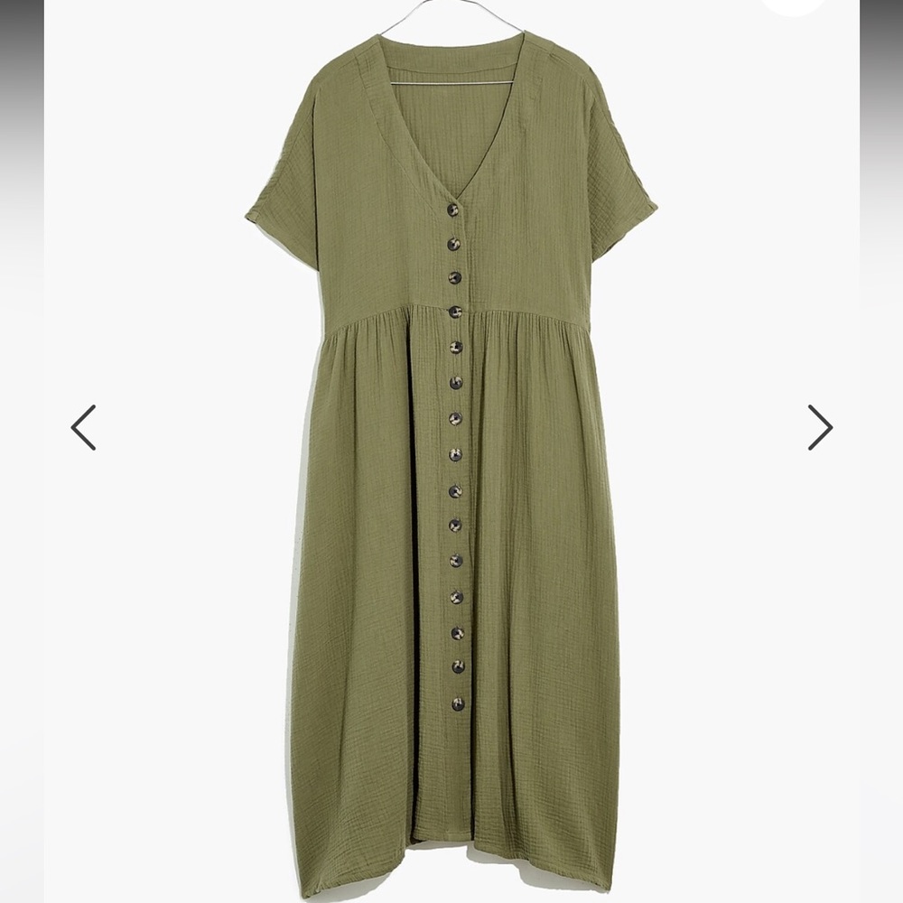 Madewell Lightspun Button-Front Midi Dress in Dried Clover, size XXS.